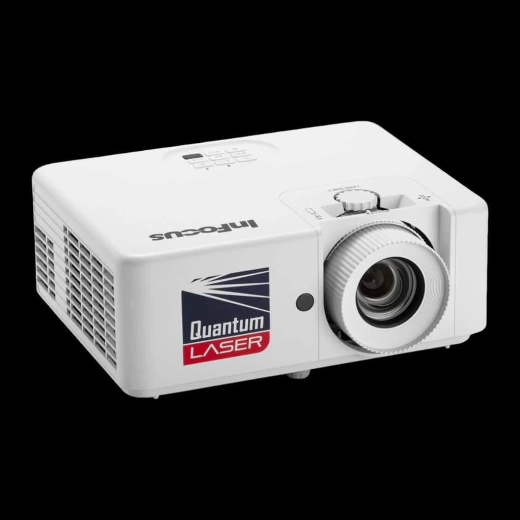 InFocus IN1028SL proyector DLP blanco, vista frontal-lateral izquierda: objetivo, logo Quantum Laser y rejilla de ventilación
