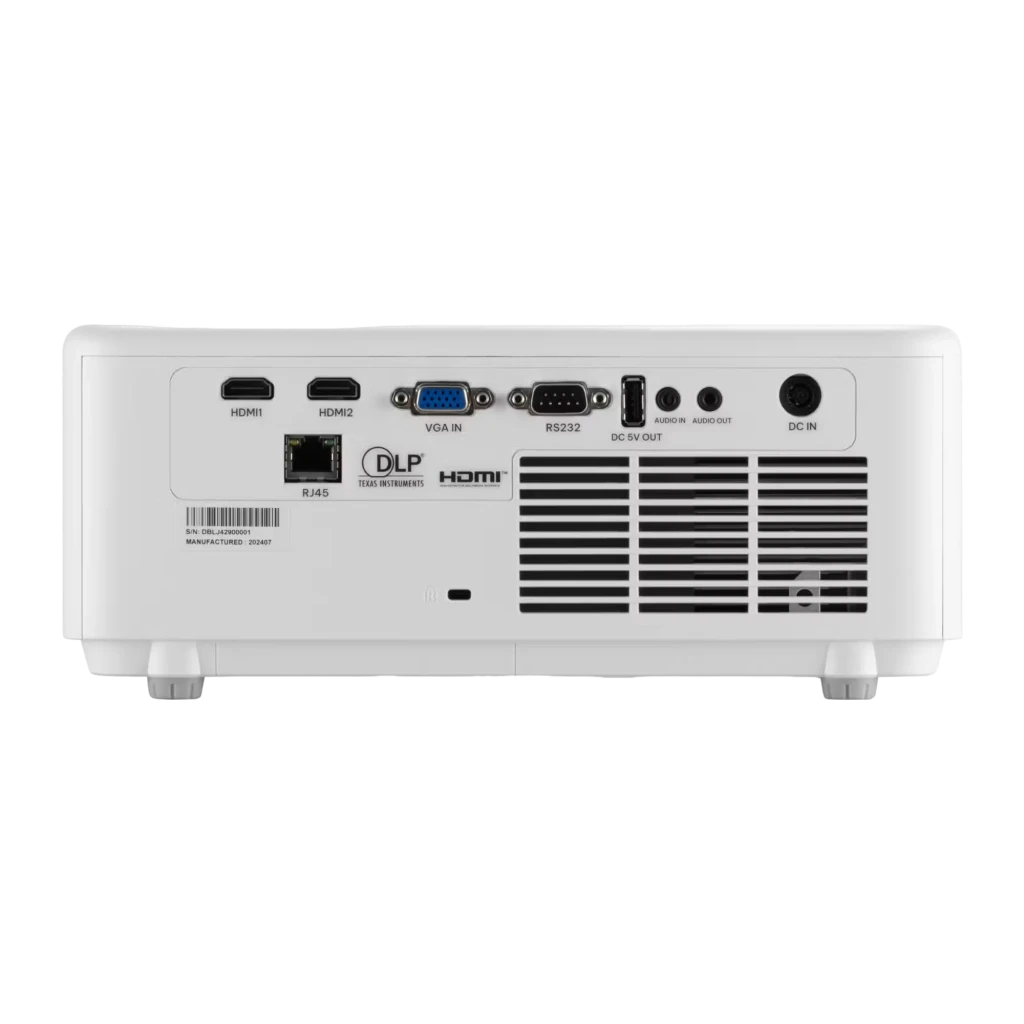 InFocus IN1028SL projetor DLP branco, vista frontal-lateral esquerda: objetiva, logo Quantum Laser e grelha de ventilação - Item1