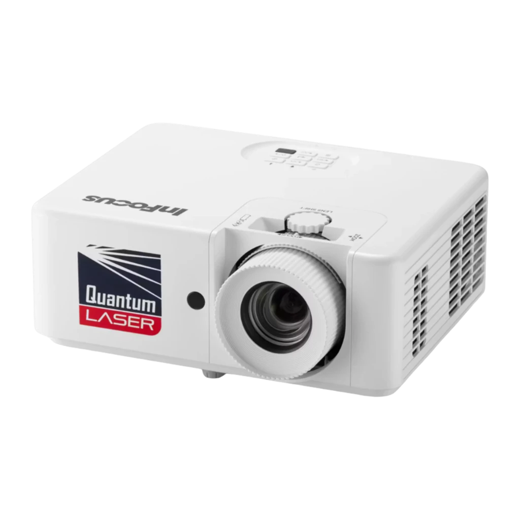 InFocus IN1028SL projetor DLP branco, vista frontal-lateral esquerda: objetiva, logo Quantum Laser e grelha de ventilação - Item2