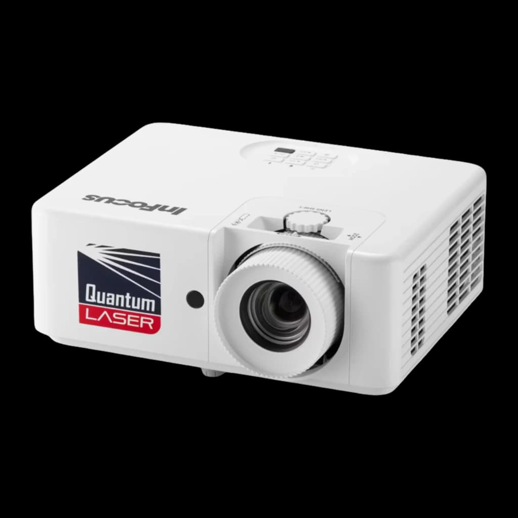 InFocus IN1028SL proyector DLP blanco, vista frontal-lateral derecha: objetivo centrado, rejilla lateral y panel de control