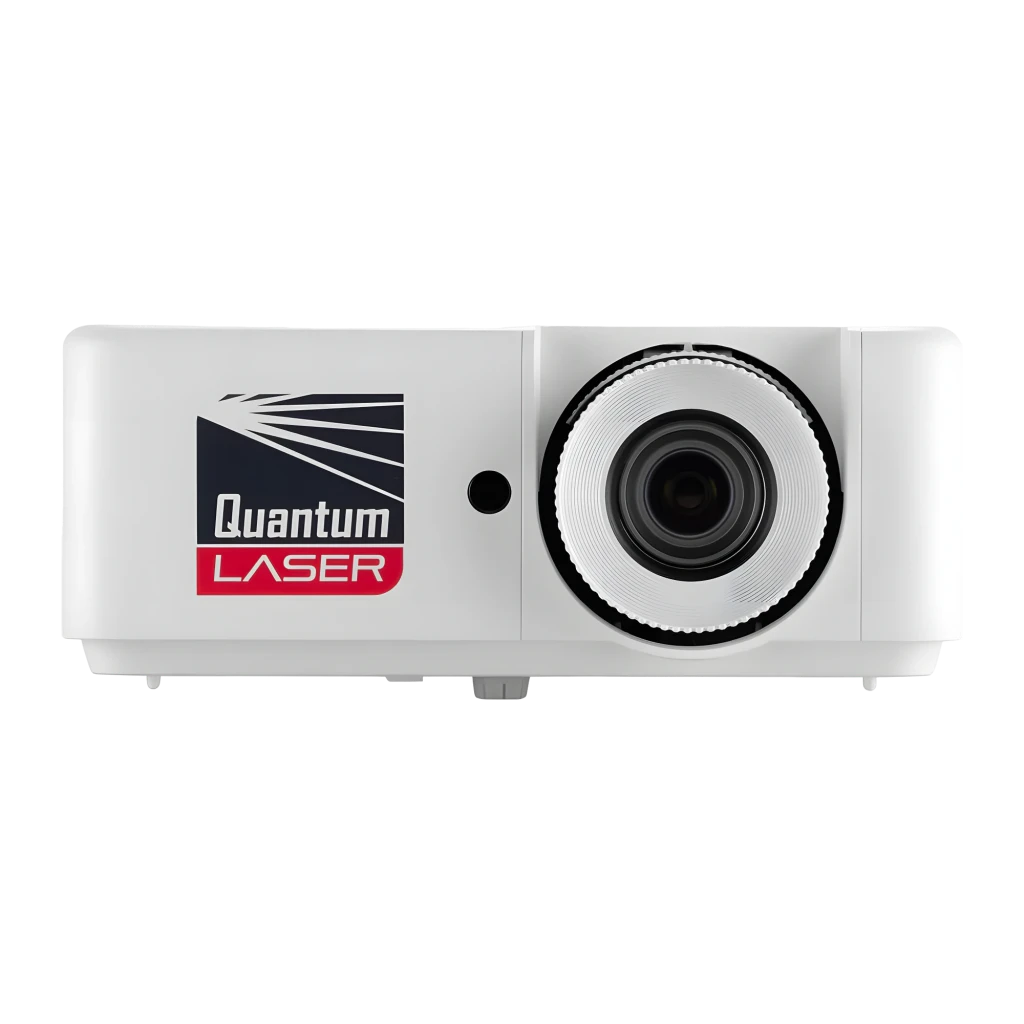 InFocus IN1028SL projetor DLP branco, vista frontal-lateral esquerda: objetiva, logo Quantum Laser e grelha de ventilação - Item3