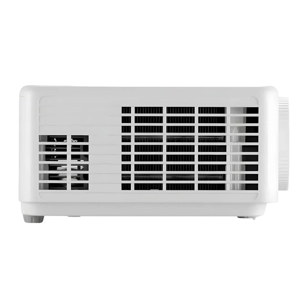 InFocus IN1028SL projetor DLP branco, vista frontal-lateral esquerda: objetiva, logo Quantum Laser e grelha de ventilação - Item4