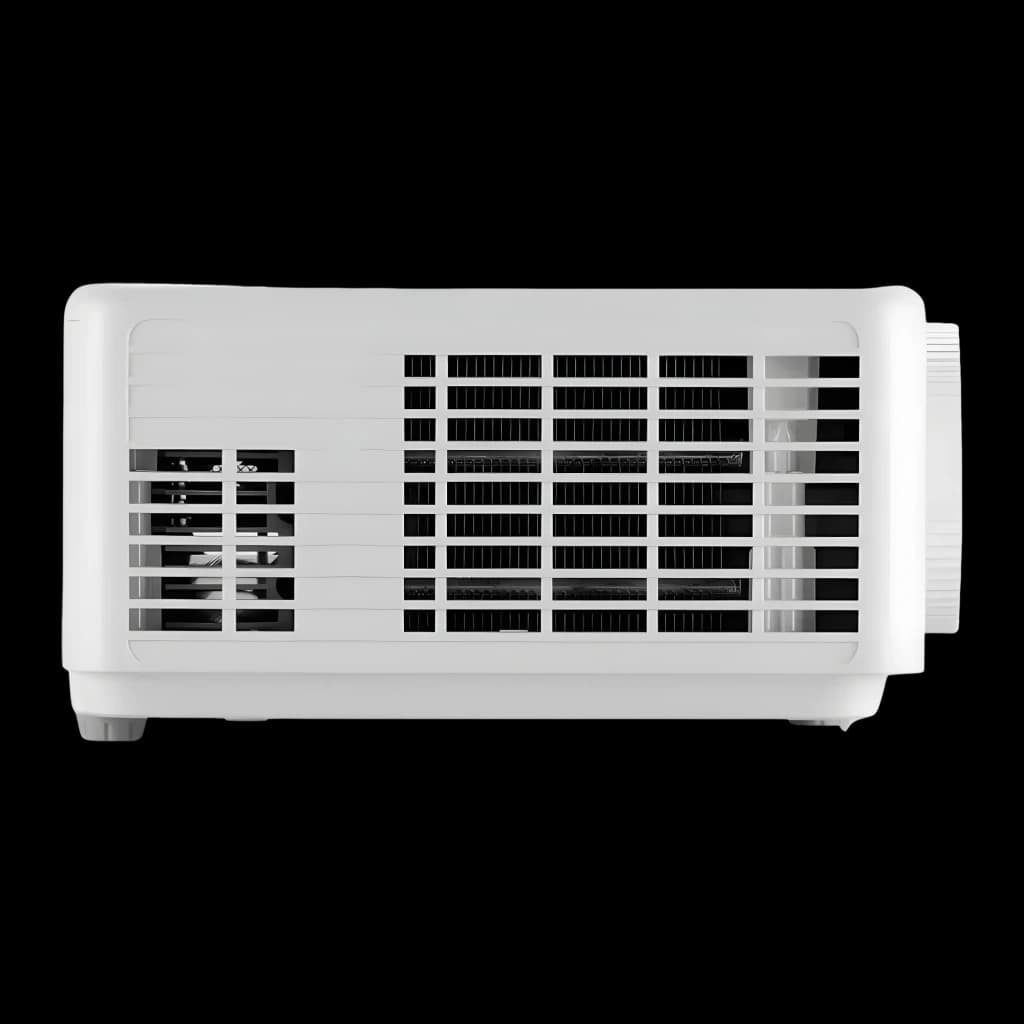 InFocus IN1028SL proyector DLP blanco, lateral: rejillas de ventilación y carcasa blanca sobre fondo negro