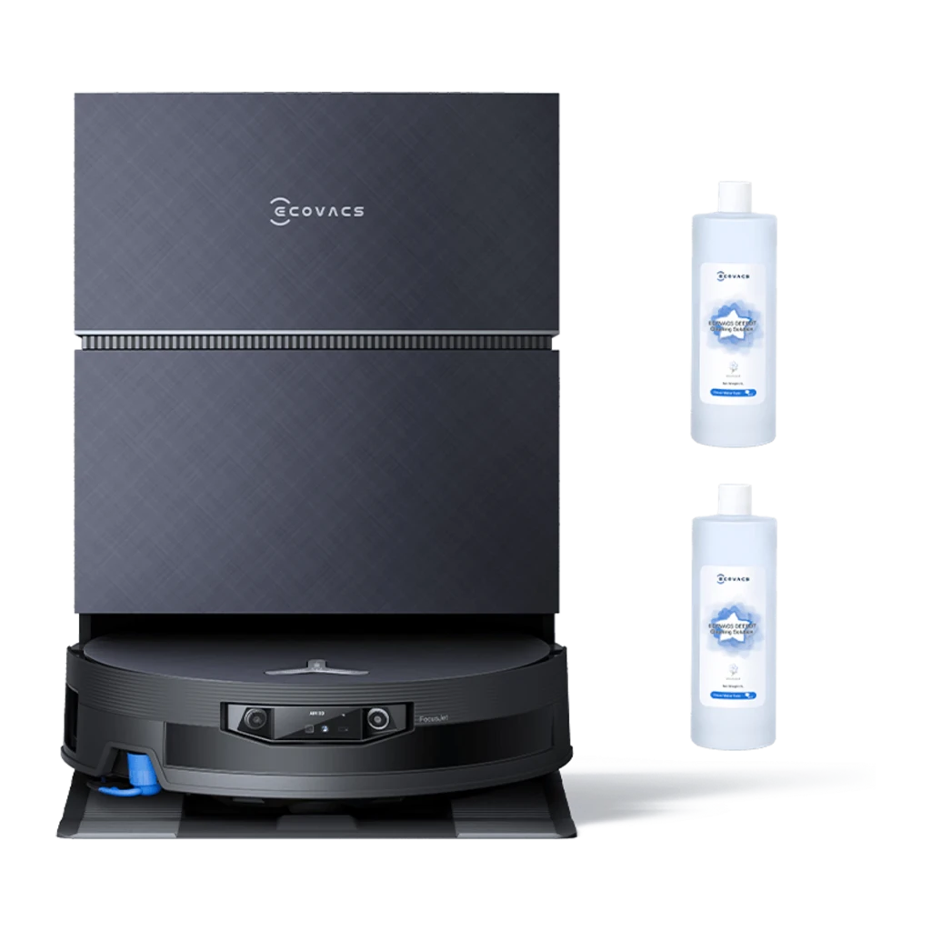 Ecovacs Deebot T50 Max Pro noir, kit vue latérale: base avec poignées grises et robot avec serpillière en angle trois quarts - Ítem3