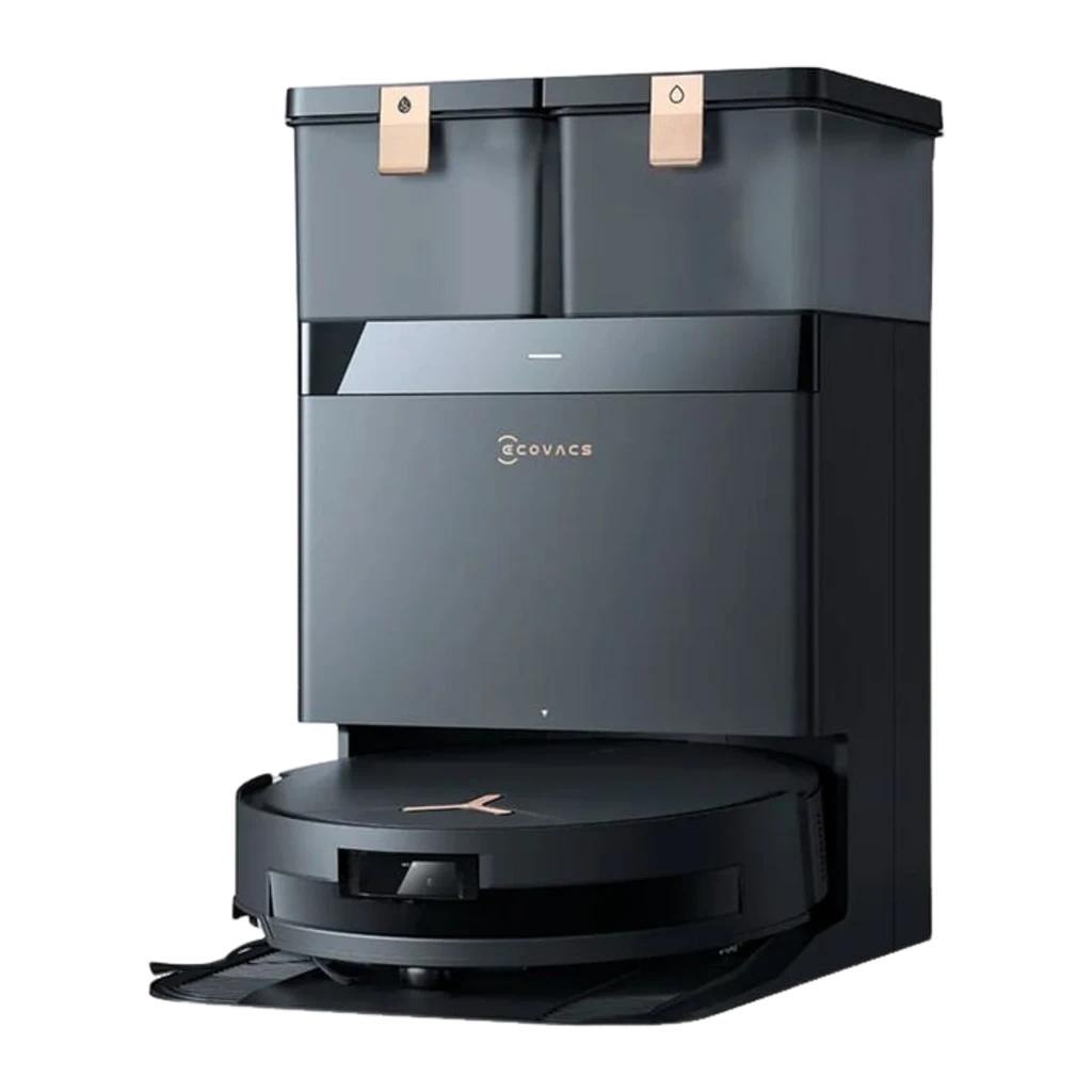 Ecovacs Deebot T50 Max Pro noir, kit vue latérale: base avec poignées grises et robot avec serpillière en angle trois quarts - Ítem4