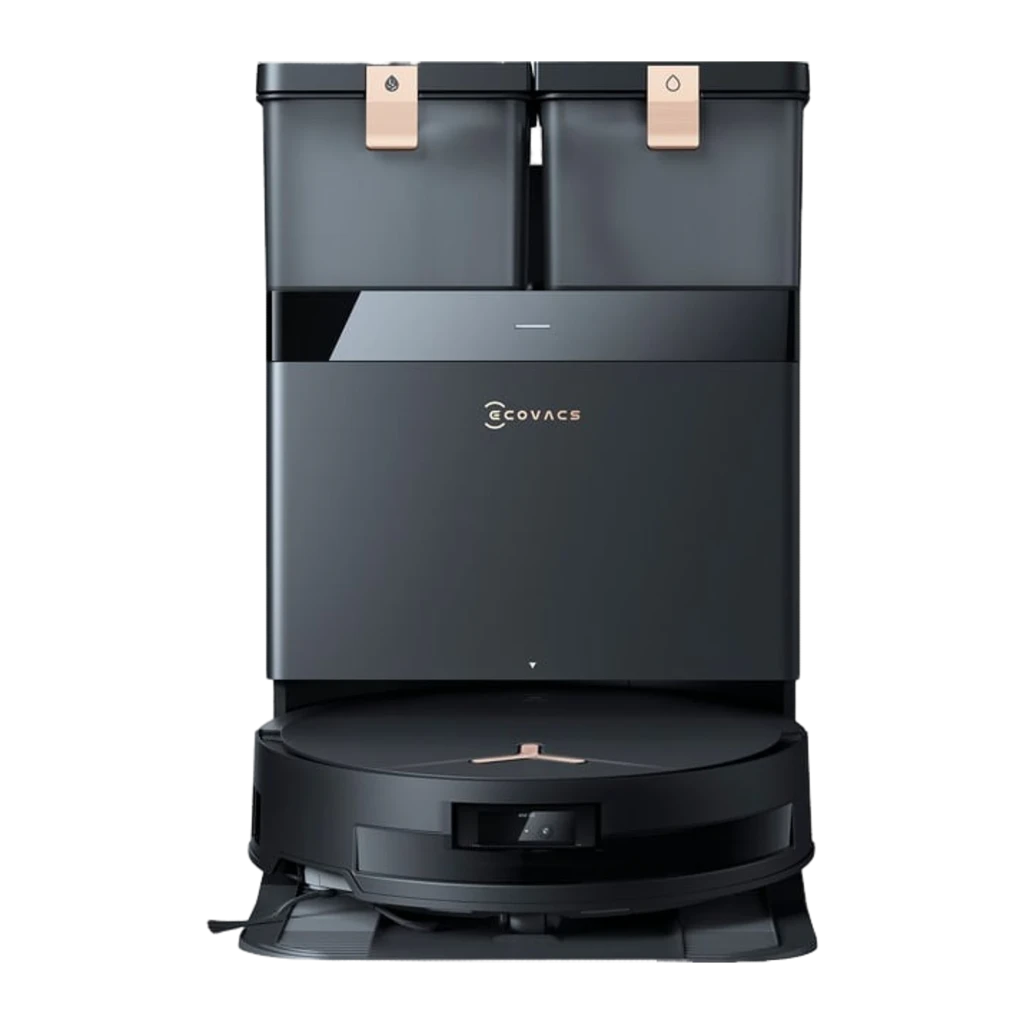 Ecovacs Deebot T50 Max Pro noir, kit vue latérale: base avec poignées grises et robot avec serpillière en angle trois quarts - Ítem5