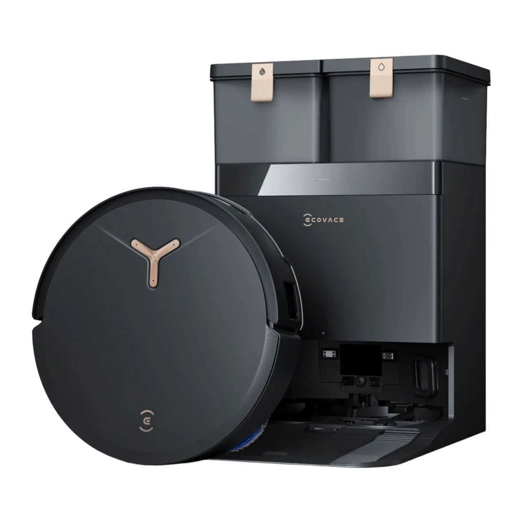 Ecovacs Deebot T50 Max Pro noir, kit vue latérale: base avec poignées grises et robot avec serpillière en angle trois quarts - Ítem1