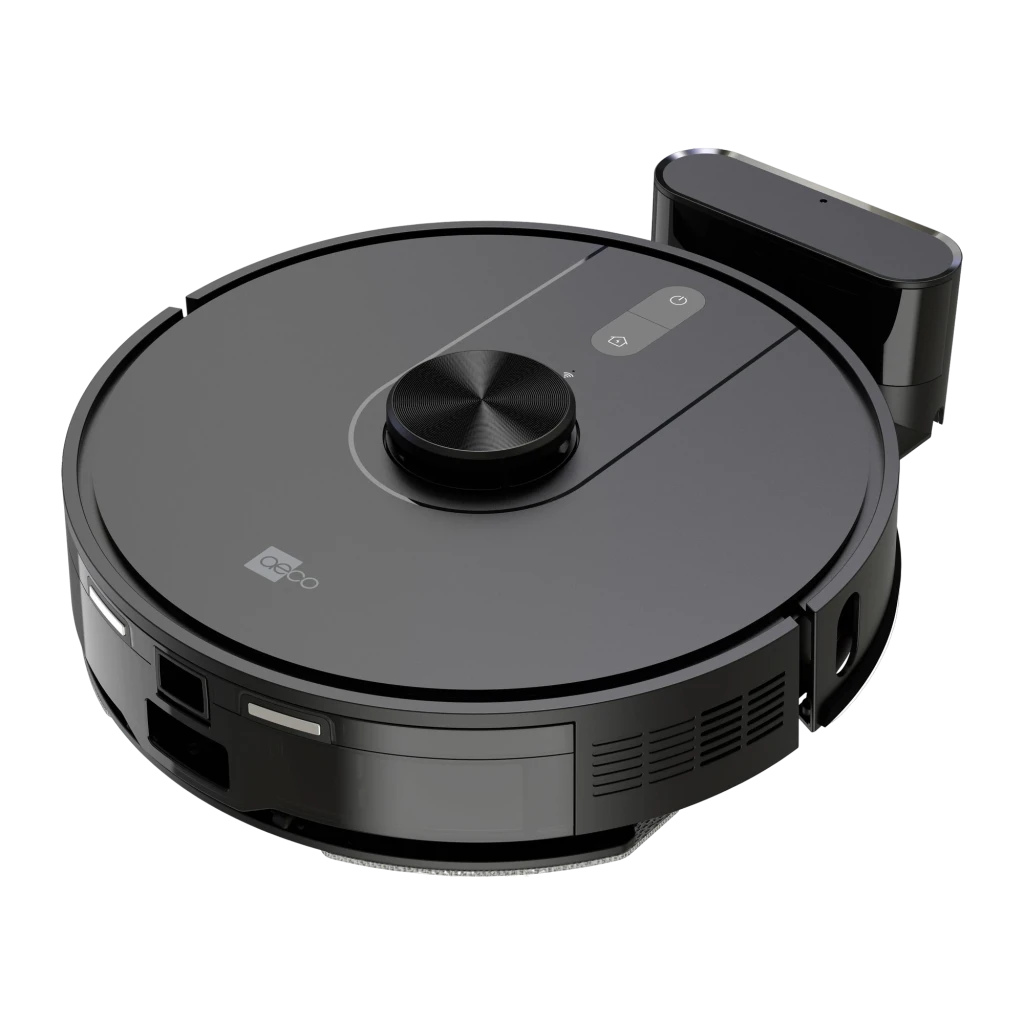 Ecovacs Deebot T50 Max Pro noir, kit vue latérale: base avec poignées grises et robot avec serpillière en angle trois quarts - Ítem2