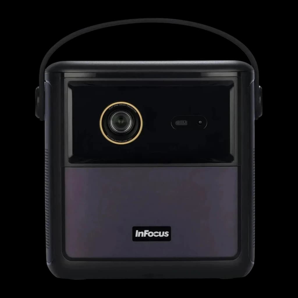 InFocus in3018sl Quantum LED Crusader Master 32GB Midnight Purple, vista frontal: lente con aro dorado, asa y panel inferior