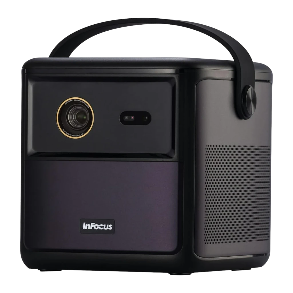 InFocus in3018sl Quantum LED Crusader Master 32GB Midnight Purple, vista frontal: lente com aro dourado, alça e painel - Item1