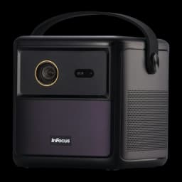 InFocus in3018sl Quantum LED Crusader Master 32GB Midnight Purple, vista frontal-lateral: lente dorada, rejilla lateral