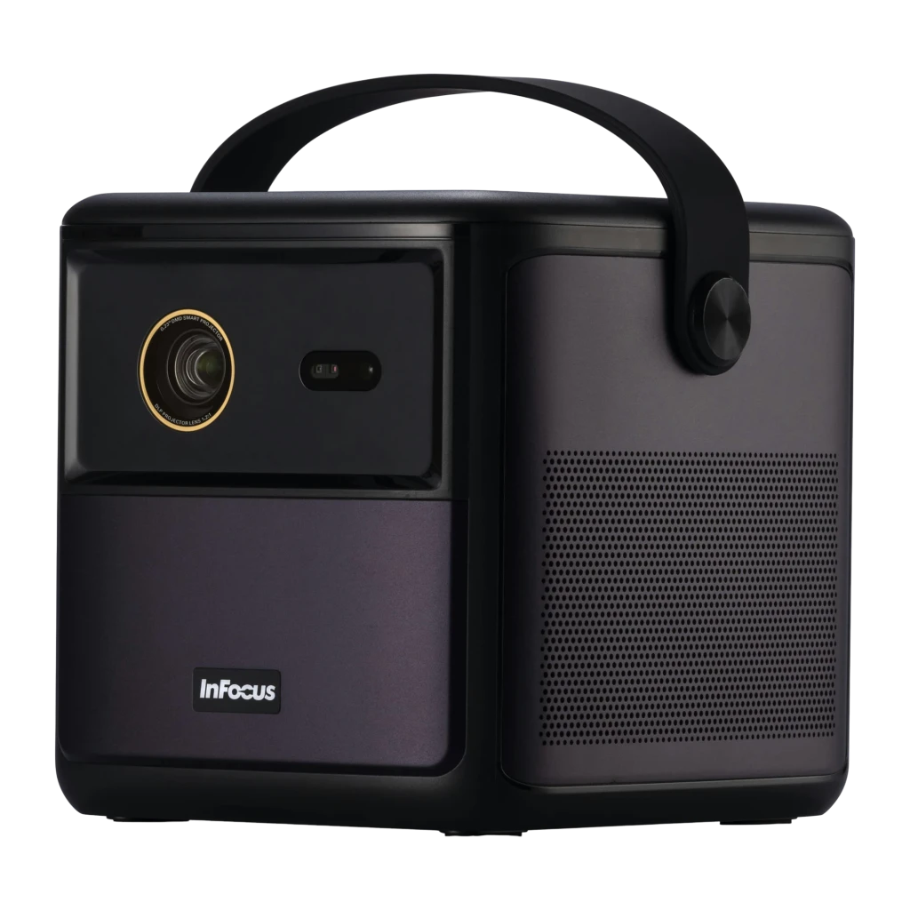 InFocus in3018sl Quantum LED Crusader Master 32GB Midnight Purple, vista frontal: lente com aro dourado, alça e painel - Item3
