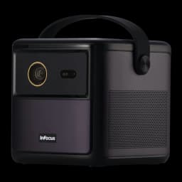 InFocus in3018sl Quantum LED Crusader Master 32GB Midnight Purple, ángulo tres cuartos: lente dorada, rejilla lateral y asa