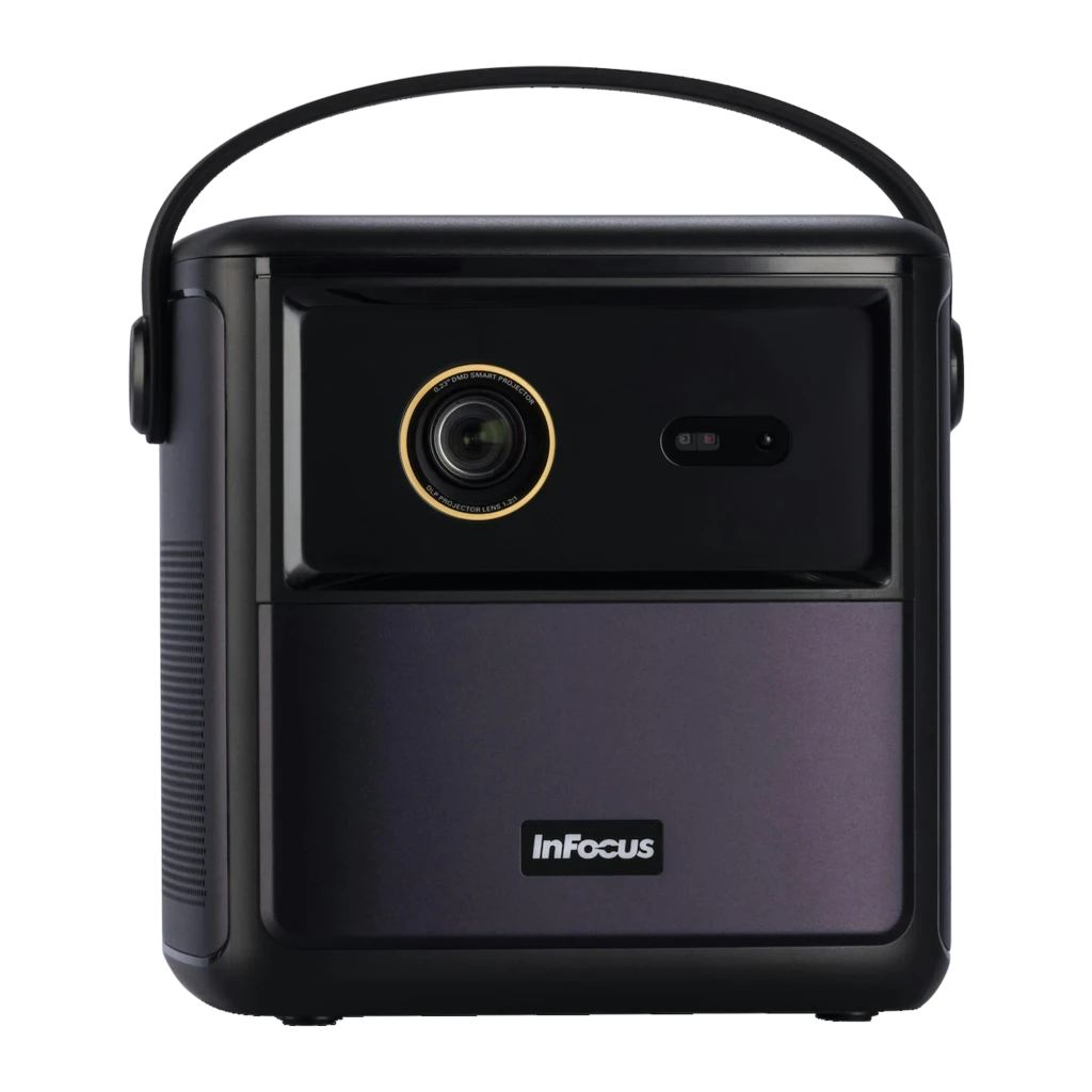 InFocus in3018sl Quantum LED Crusader Master 32GB Midnight Purple, vista frontal: lente com aro dourado, alça e painel - Item4