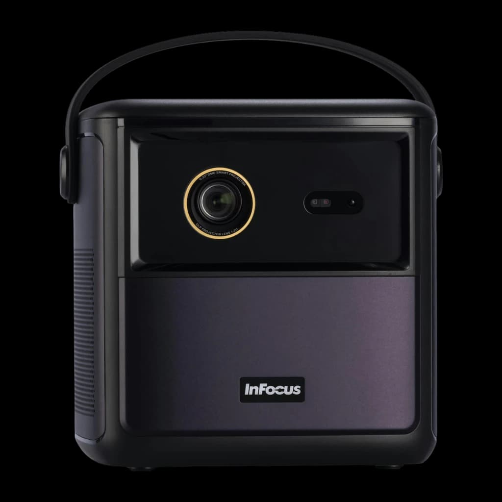 InFocus in3018sl Quantum LED Crusader Master 32GB Midnight Purple, vista frontal: lente con aro dorado, sensor y asa superior