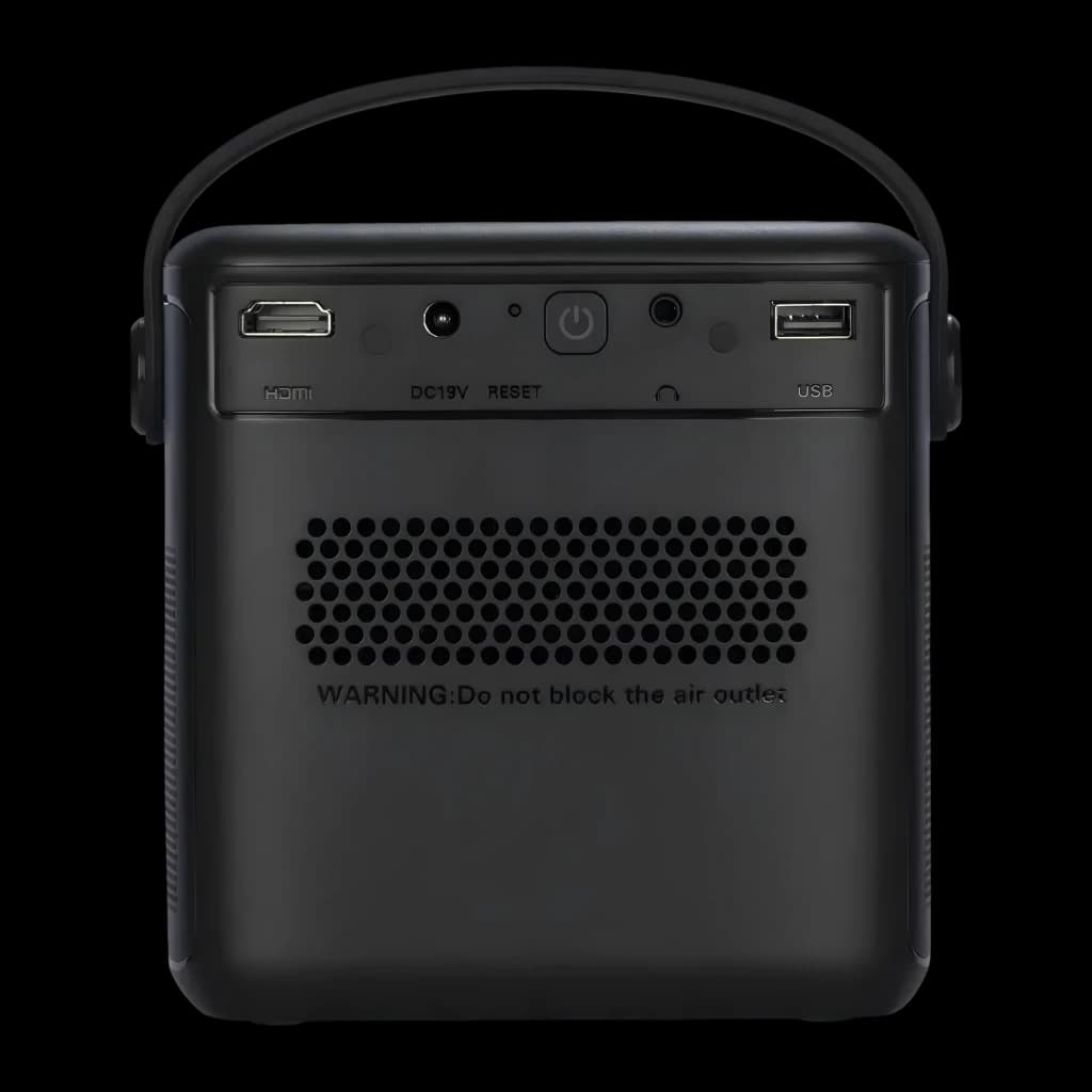 InFocus in3018sl Quantum LED Crusader Master 32GB Midnight Purple, vista trasera: puertos HDMI, DC19V, USB, rejilla