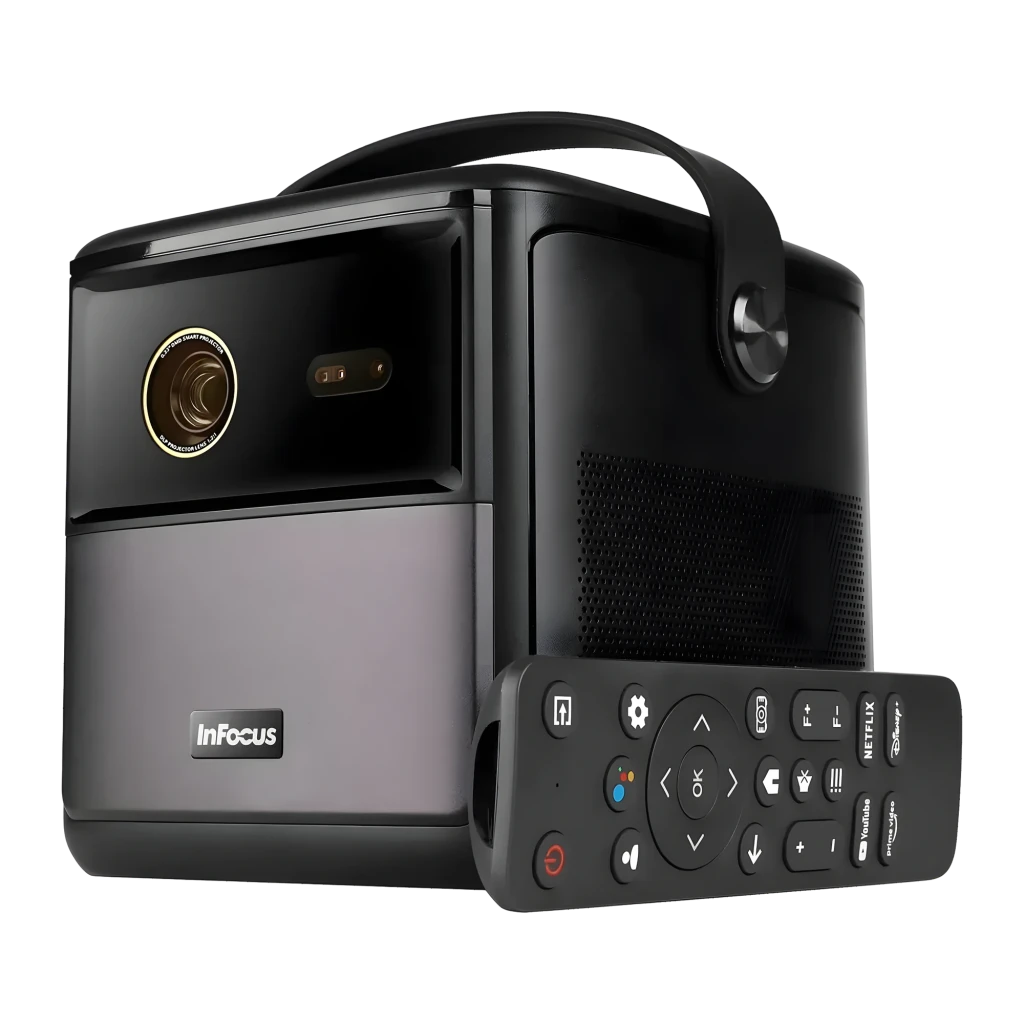 InFocus in3018sl Quantum LED Crusader Master 32GB Midnight Purple, vista frontal: lente com aro dourado, alça e painel - Item7