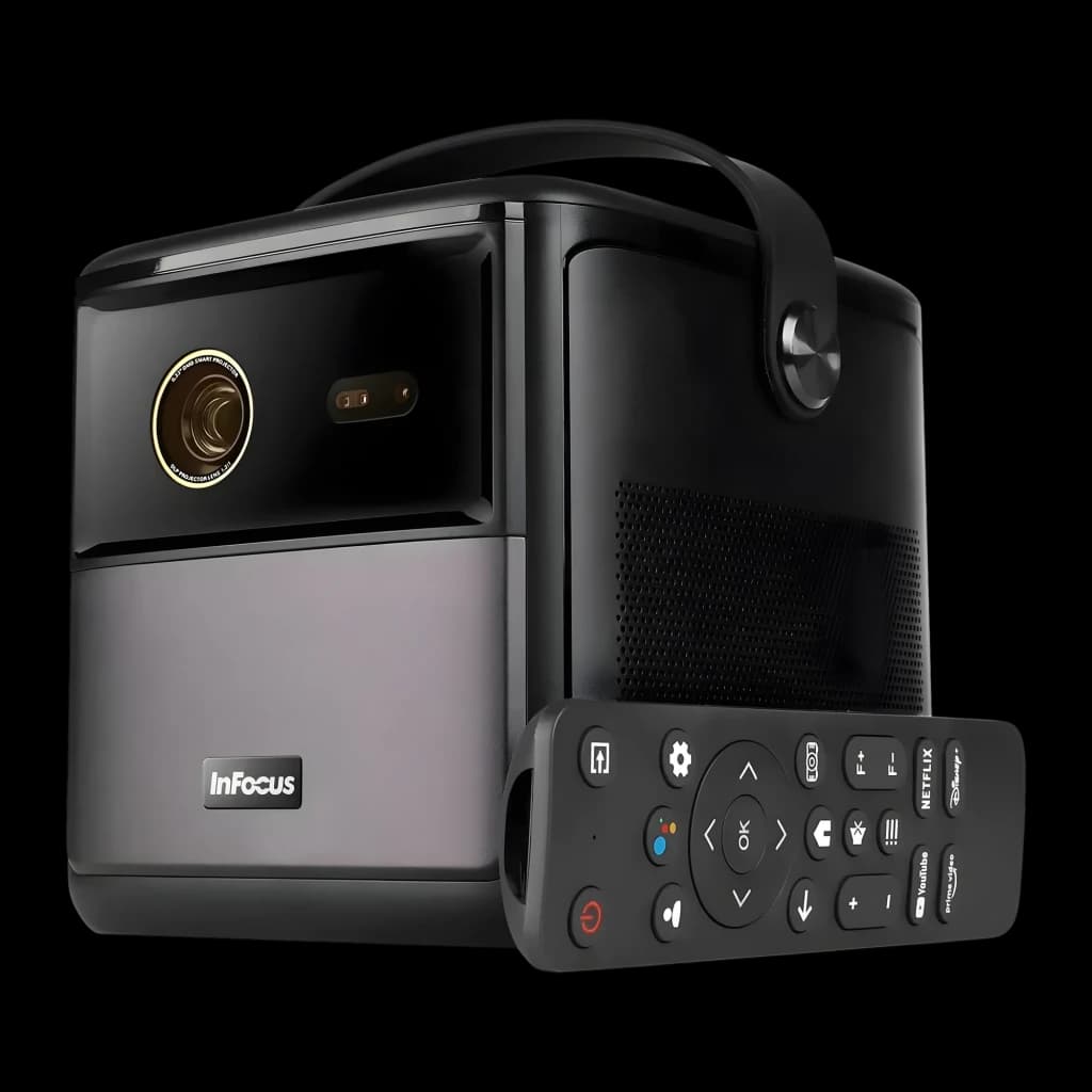 InFocus in3018sl Quantum LED Crusader Master 32GB Midnight Purple, vista lateral con mando: lente dorada, asa y mando a