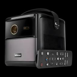 InFocus in3018sl Quantum LED Crusader Master 32GB Midnight Purple, vista lateral con mando: lente dorada, asa y mando a