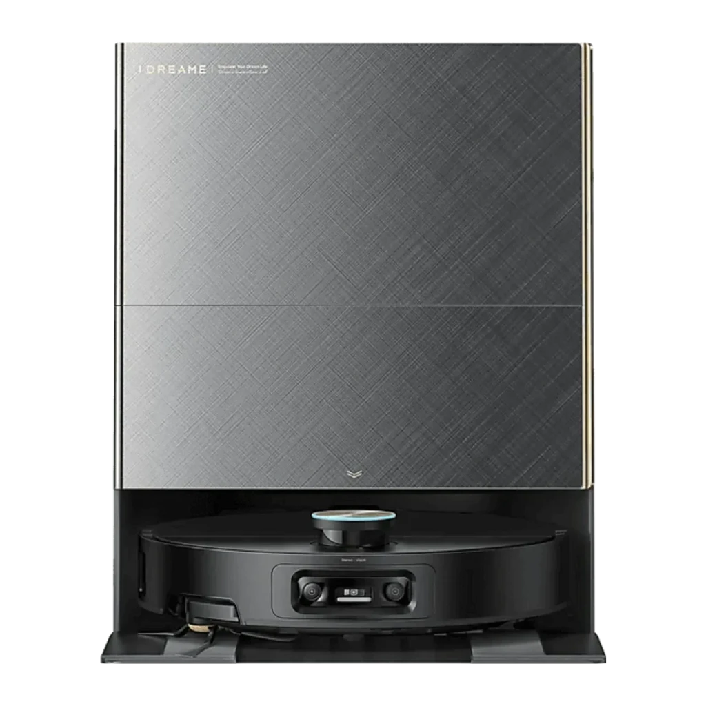 Dreame Robot Aspirateur X60 Ultra noir, vue avant 3/4: base de charge texture brossée et bande dorée, robot avec capteur - Ítem1