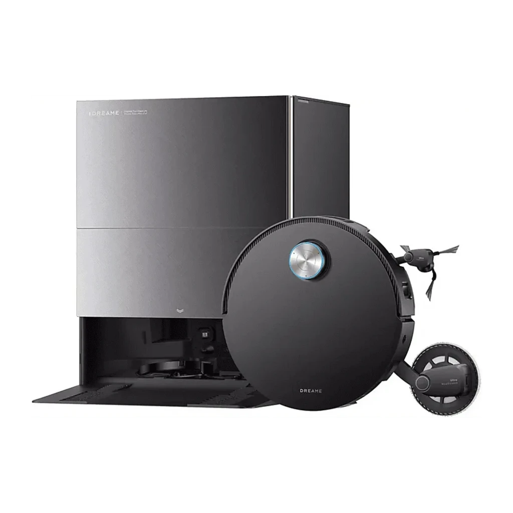 Dreame Robot Aspirateur X60 Ultra noir, vue avant 3/4: base de charge texture brossée et bande dorée, robot avec capteur - Ítem2