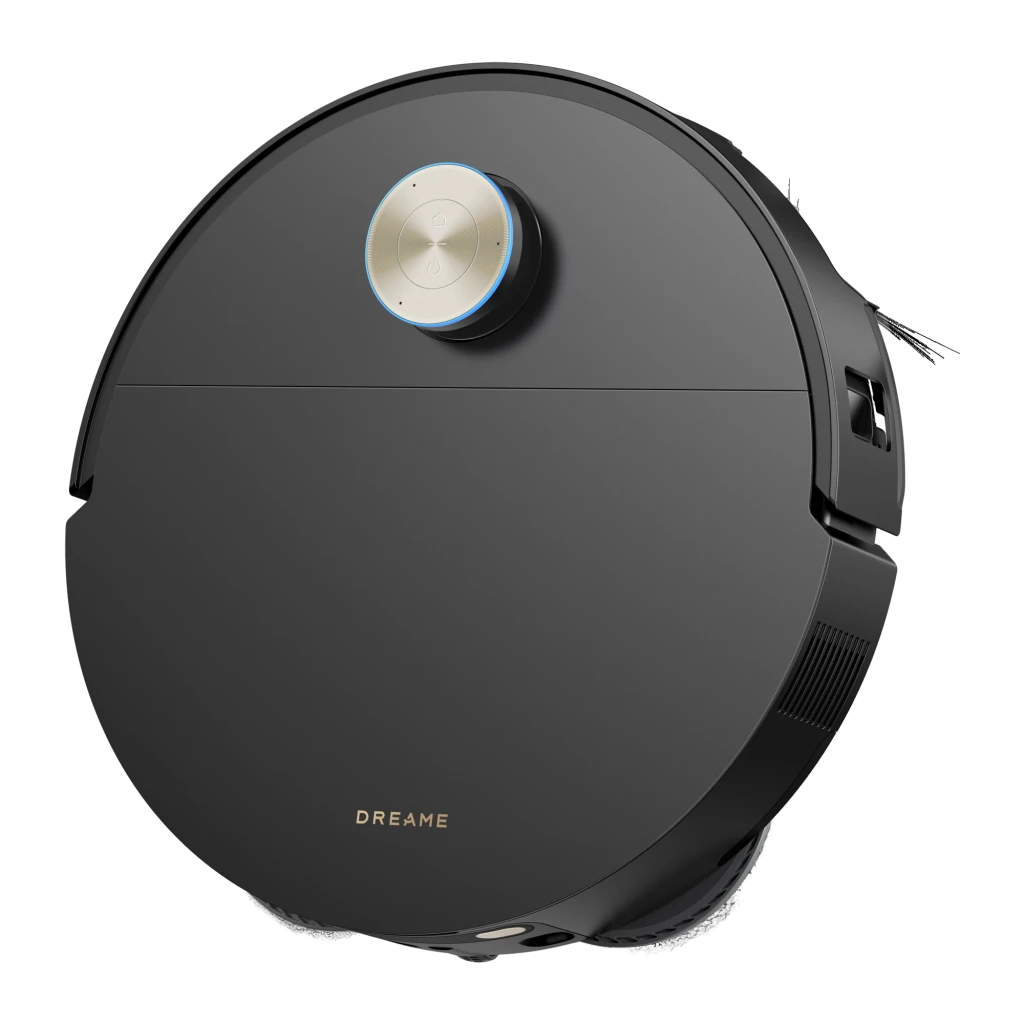 Dreame Robot Aspirateur X60 Ultra noir, vue avant 3/4: base de charge texture brossée et bande dorée, robot avec capteur - Ítem3