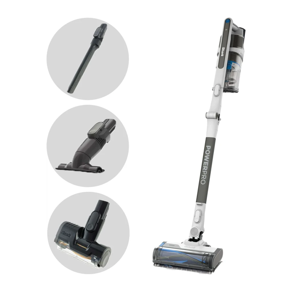 Shark PowerPro Pet IZ380EUT Aspirador escoba gris, vista accesorios: unidad principal en uso y 3 accesorios incluidos - Ítem2