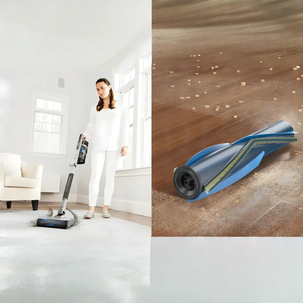Shark PowerPro Pet IZ380EUT Aspirador escoba gris, vista accesorios: unidad principal en uso y 3 accesorios incluidos - Ítem7