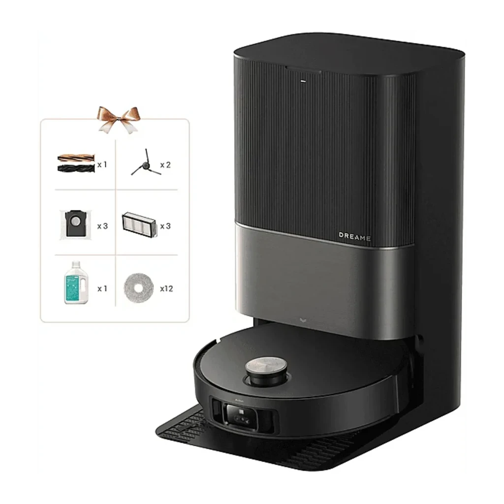 Dreame Robot V50 Ultra Complete negro, vista frontal: robot acoplado a base de vaciado con panel estriado negro y franja - Ítem3