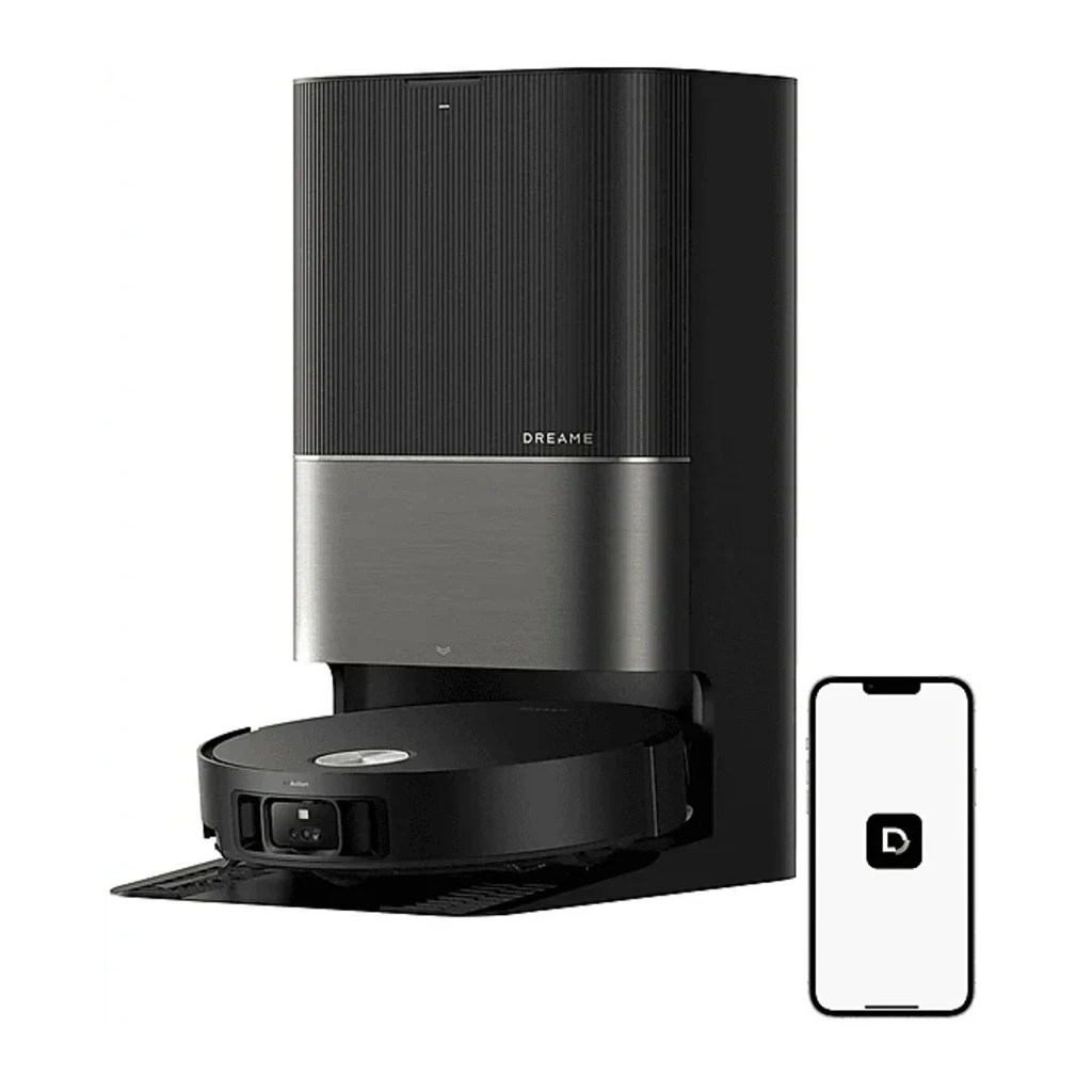 Dreame Robot V50 Ultra Complete negro, vista frontal: robot acoplado a base de vaciado con panel estriado negro y franja - Ítem4