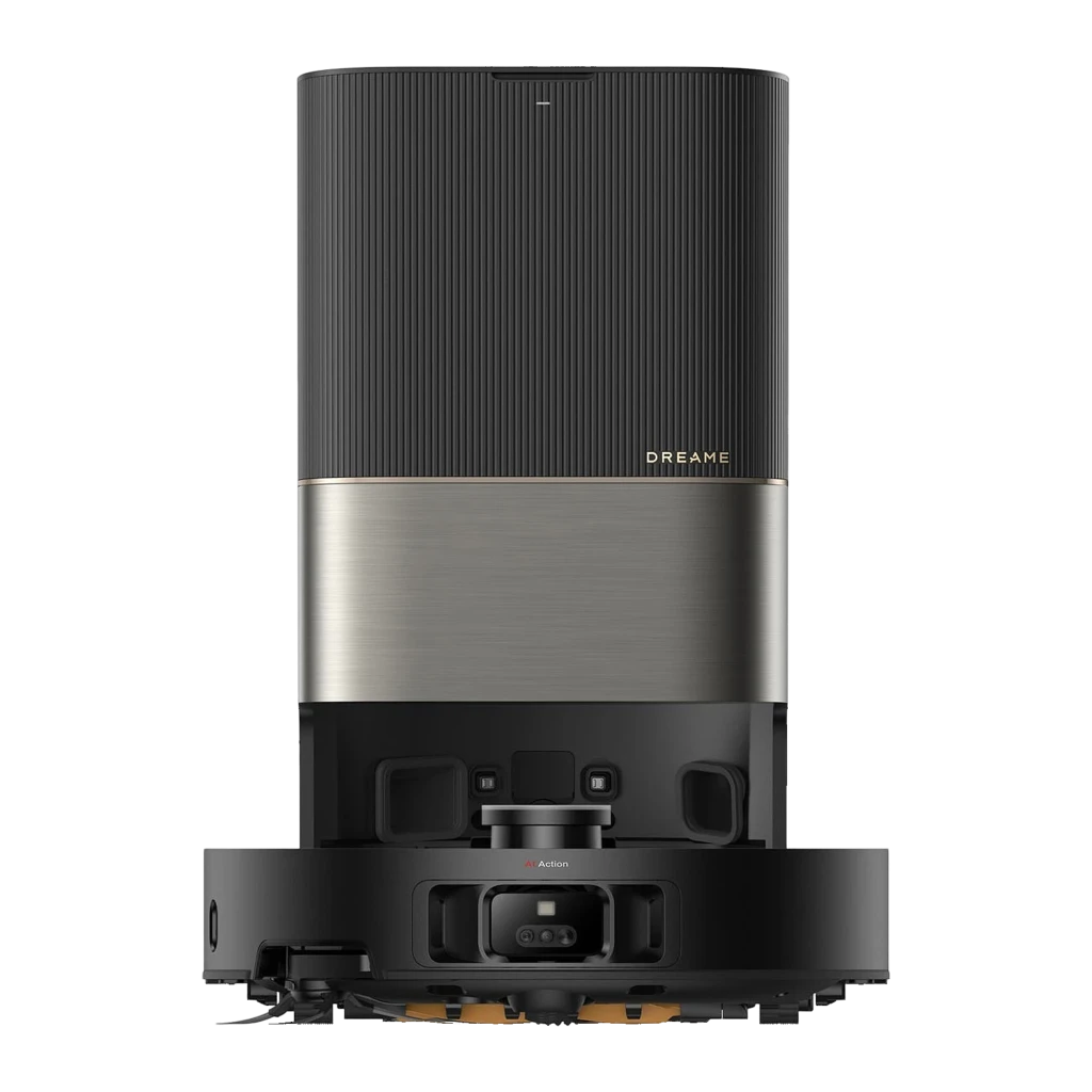Dreame Robot V50 Ultra Complete negro, vista frontal: robot acoplado a base de vaciado con panel estriado negro y franja - Ítem1