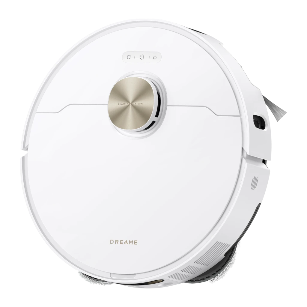 Dreame L50 Ultra AE blanc, vue de face: robot sur base d'autovidage blanche avec bande dorée - Ítem1