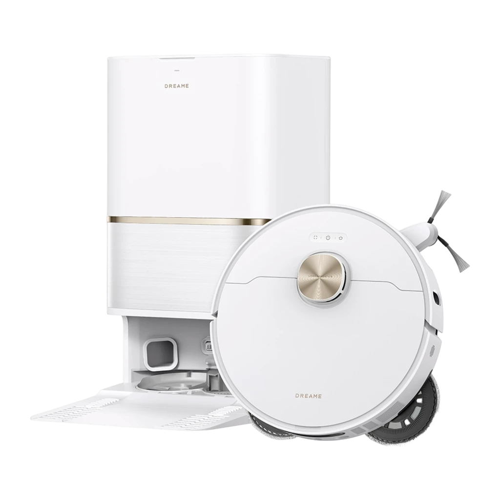 Dreame L50 Ultra AE blanc, vue de face: robot sur base d'autovidage blanche avec bande dorée - Ítem3