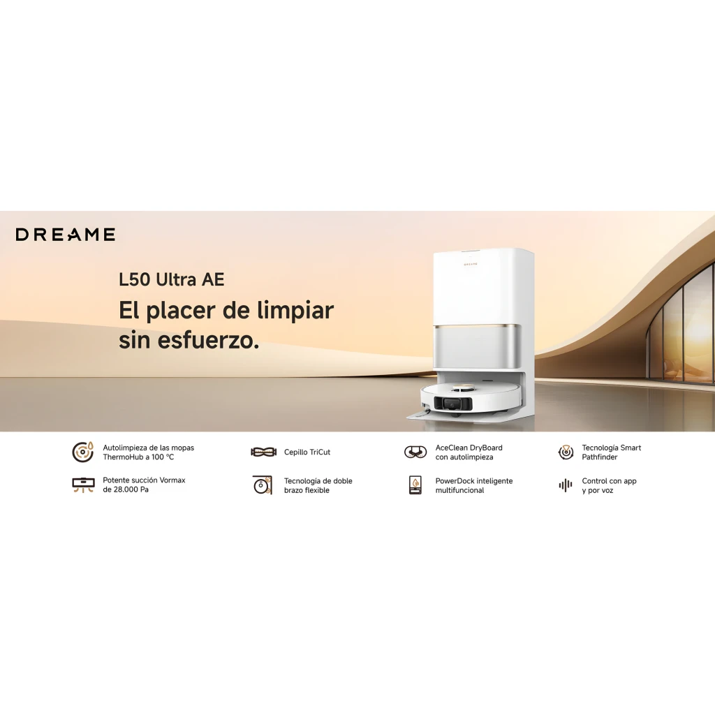 Dreame L50 Ultra AE blanc, vue de face: robot sur base d'autovidage blanche avec bande dorée - Ítem6