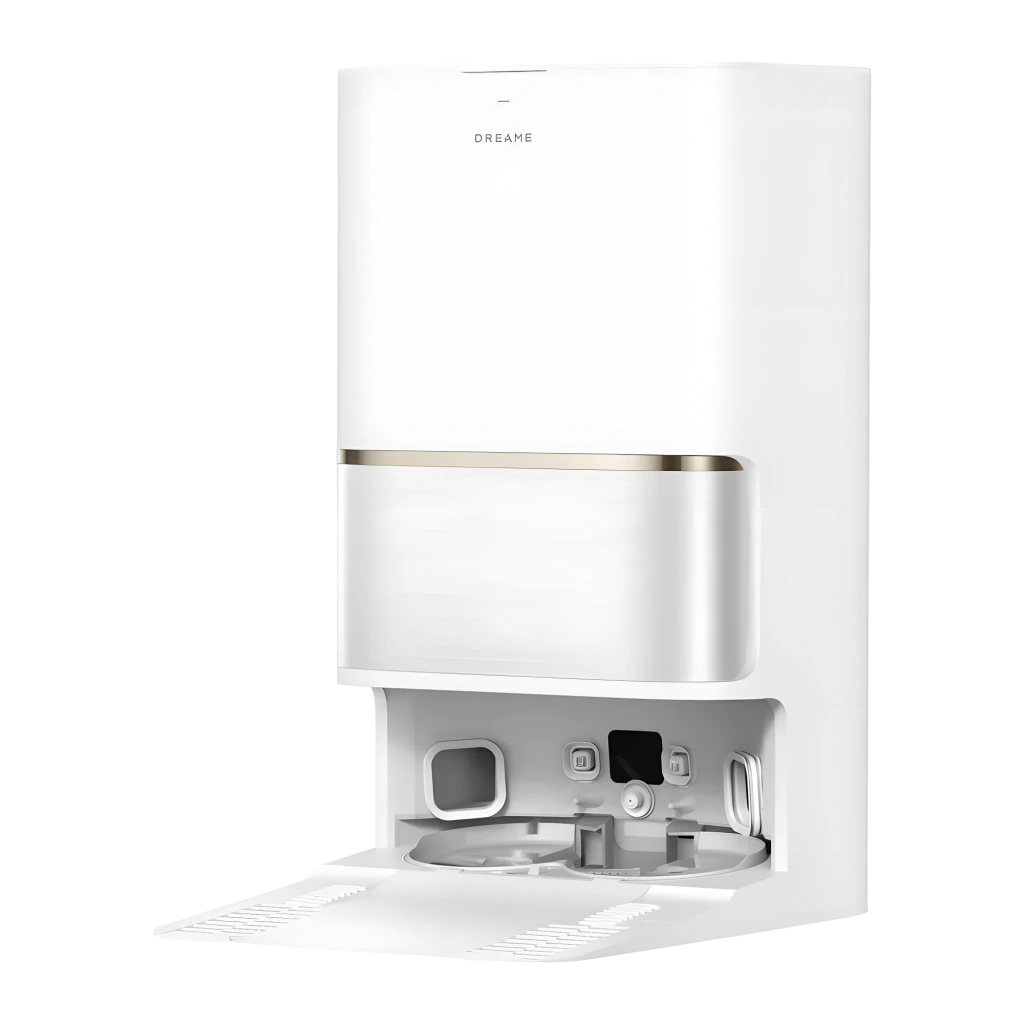 Dreame L50 Ultra AE blanc, vue de face: robot sur base d'autovidage blanche avec bande dorée - Ítem7