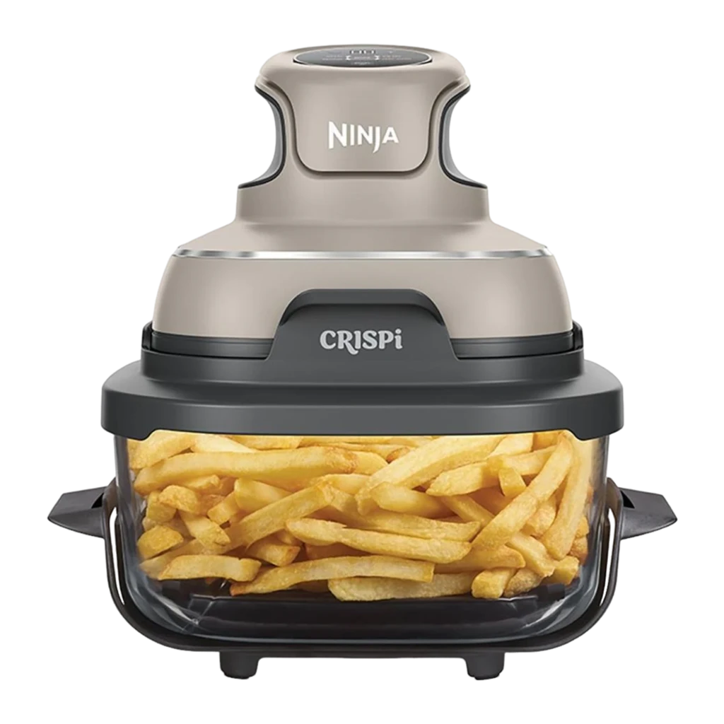 Ninja Crispi FN101EU Friteuse à air Pierre, vue de face en angle: récipient en verre avec brocoli et poulet, couvercle avec - Ítem1