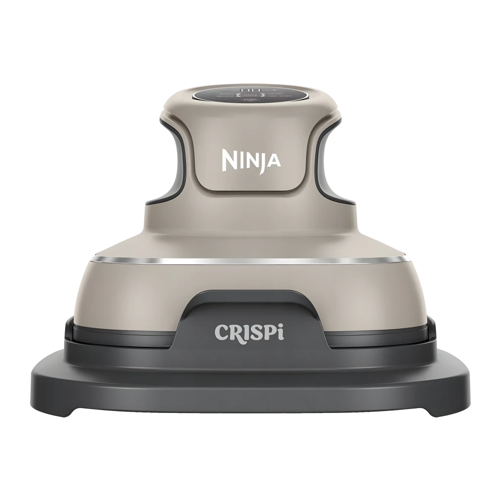 Ninja Crispi FN101EU Friteuse à air Pierre, vue de face en angle: récipient en verre avec brocoli et poulet, couvercle avec - Ítem5