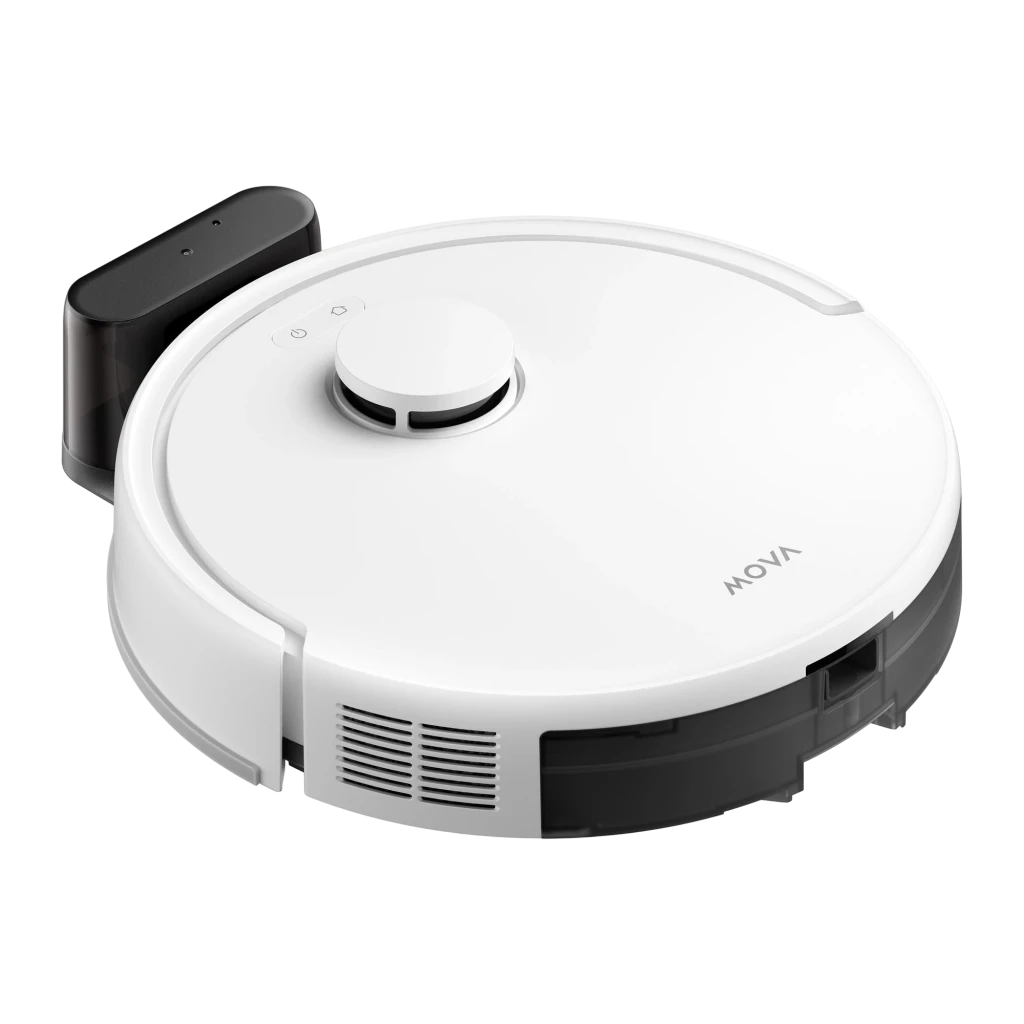 Dreame MOVA E20 blanco, vista frontal en ángulo: sensor LiDAR, botones superiores, depósito lateral negro y cepillo lateral - Ítem1