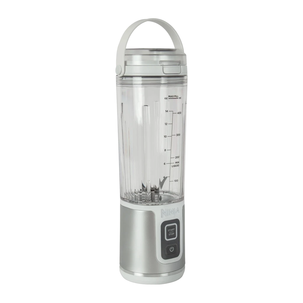 Ninja Blast BC151EU 530ml Blanc, vue de face: bol transparent avec fruits, graduation et base avec boutons Start/Stop - Ítem1