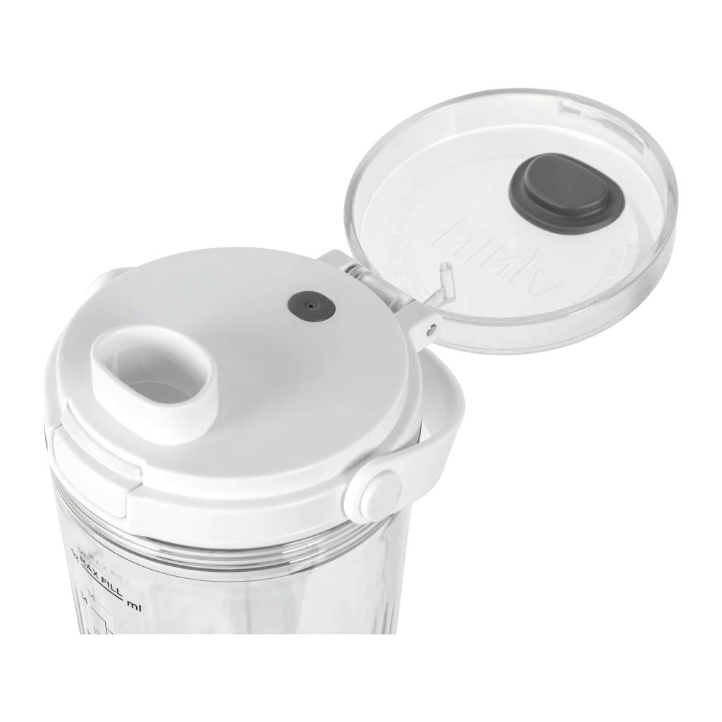 Ninja Blast BC151EU 530ml Blanc, vue de face: bol transparent avec fruits, graduation et base avec boutons Start/Stop - Ítem4