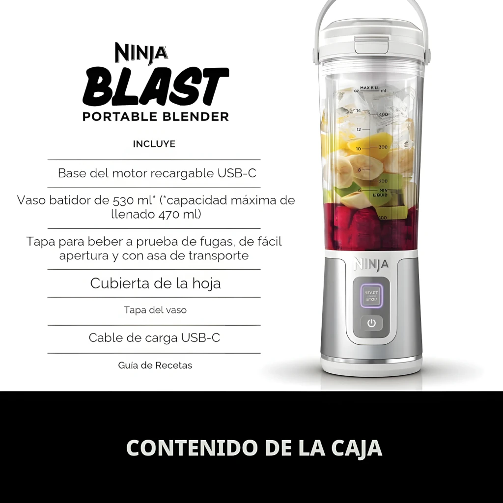 Ninja Blast BC151EU 530ml Blanc, vue de face: bol transparent avec fruits, graduation et base avec boutons Start/Stop - Ítem5