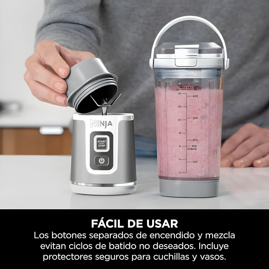 Ninja Blast BC151EU 530ml Blanc, vue de face: bol transparent avec fruits, graduation et base avec boutons Start/Stop - Ítem7