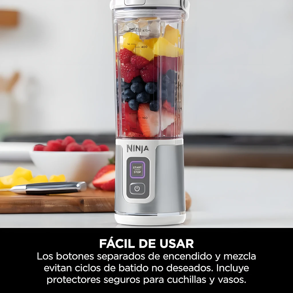 Ninja Blast BC151EU 530ml Blanc, vue de face: bol transparent avec fruits, graduation et base avec boutons Start/Stop - Ítem8