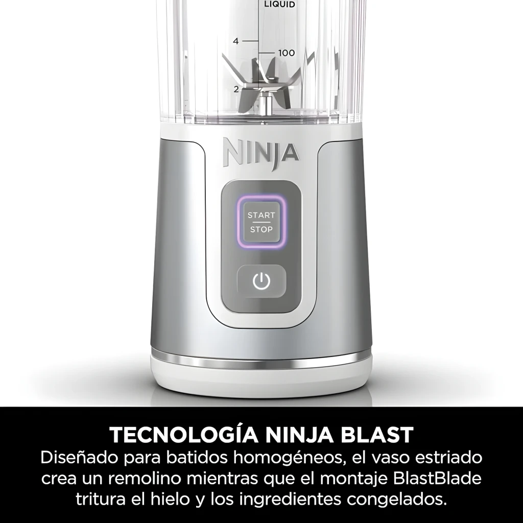 Ninja Blast BC151EU 530ml Blanc, vue de face: bol transparent avec fruits, graduation et base avec boutons Start/Stop - Ítem10