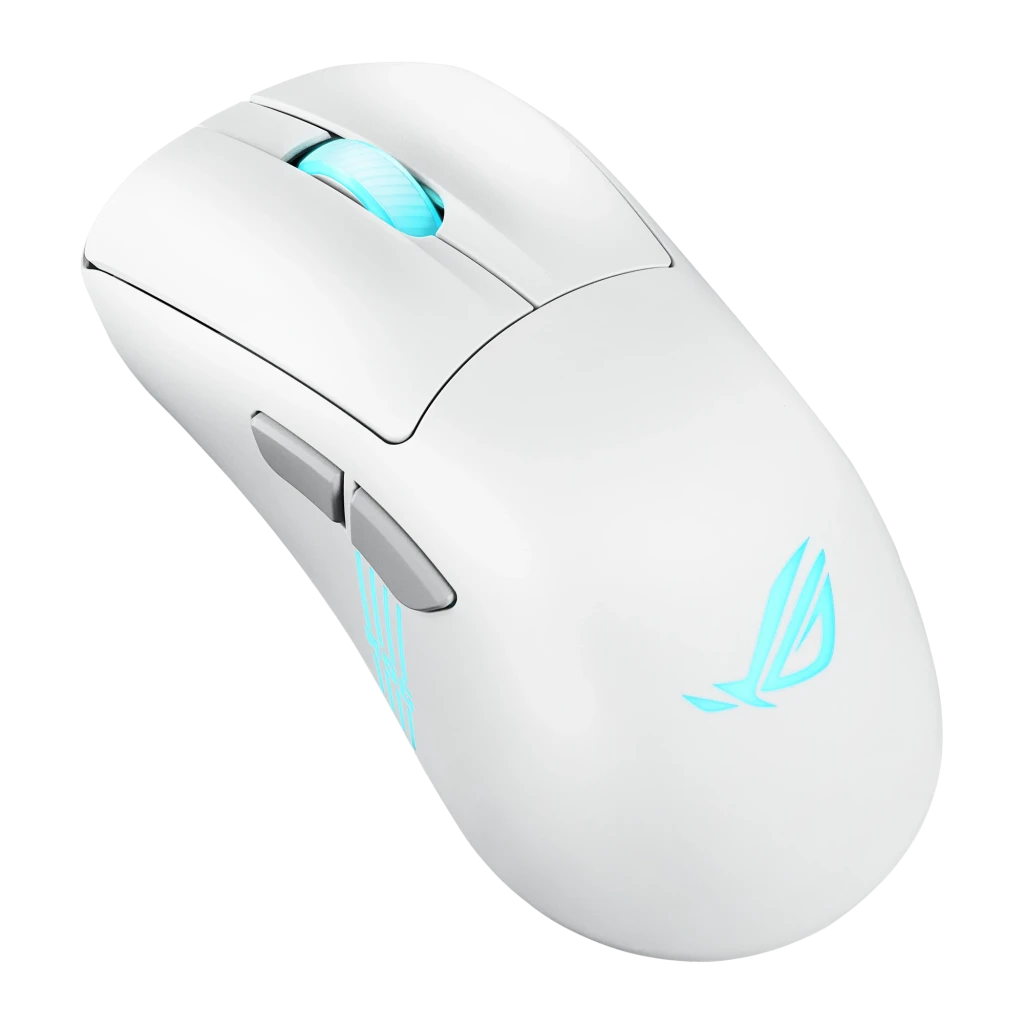 ASUS ROG Keris II Origin Branco, vista superior: scroll com iluminação cyan e logótipo ROG retroiluminado - Item1