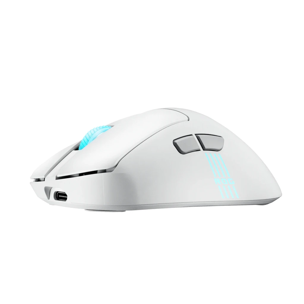ASUS ROG Keris II Origin Branco, vista superior: scroll com iluminação cyan e logótipo ROG retroiluminado - Item4