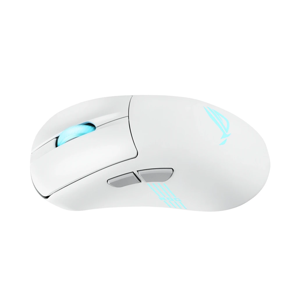 ASUS ROG Keris II Origin Branco, vista superior: scroll com iluminação cyan e logótipo ROG retroiluminado - Item6