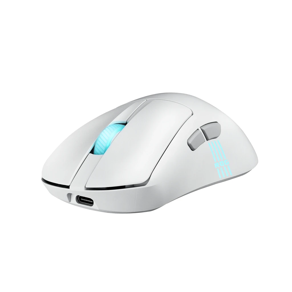 ASUS ROG Keris II Origin Branco, vista superior: scroll com iluminação cyan e logótipo ROG retroiluminado - Item2