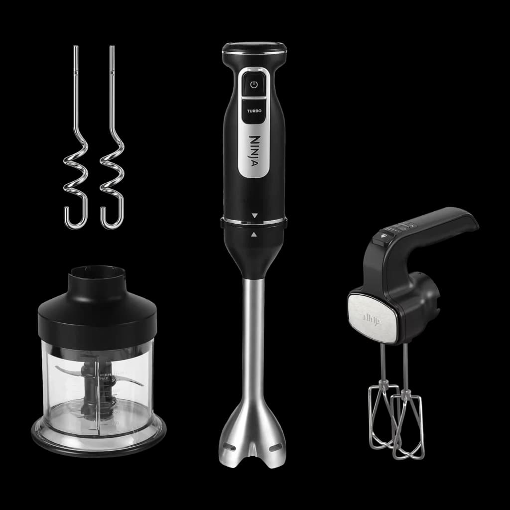Ninja Foodi CI100EU Power Mixer Noir, vue ensemble: mixeur plongeant, hachoir, batteur et accessoires spirales