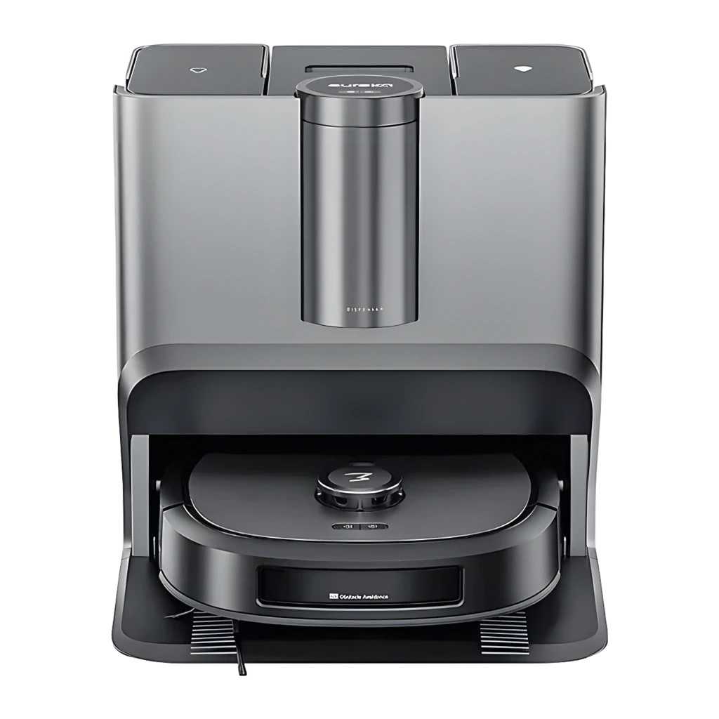 Eureka Robot Aspirador J20 Negro, vista frontal: robot en base de carga con dispensador y app de mapeo en smartphone - Ítem1
